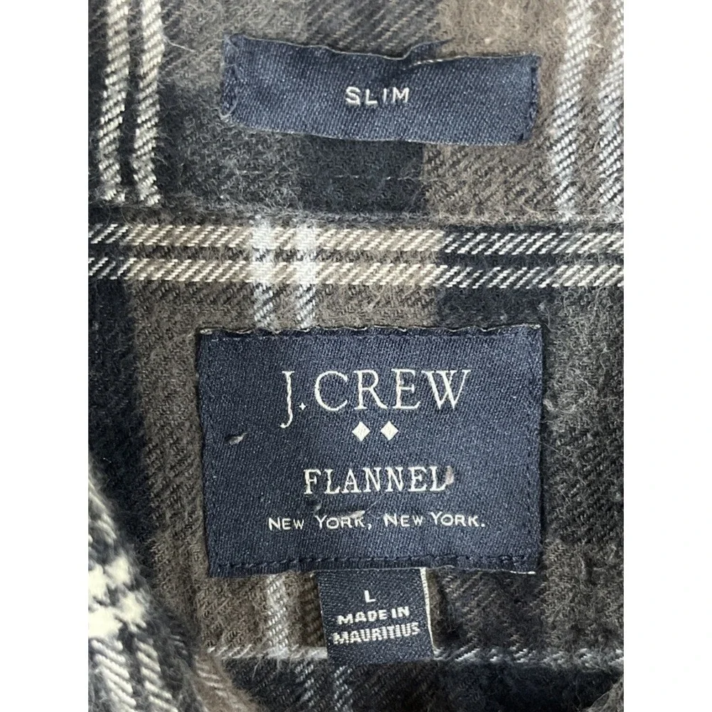 J. Crew Men Flannel Plaid Shirt 100% Cotton Button Down Gray Brown Slim Fit Sz L